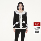 lefame拉飞姆复古浪漫修身 撞色珍珠领中长款 外套上衣