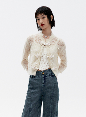 lefame拉飞姆冬季新中式薄透针织开衫上衣女