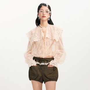 蝴蝶结花束刺绣蕾丝披肩领上衣女 时尚 lefame拉飞姆2026春季 新款