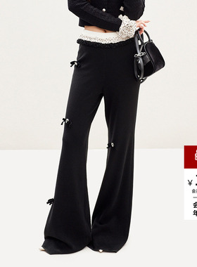 lefame拉飞姆春季蝴蝶结针织长裤时尚宽松喇叭裤阔腿裤休闲裤女