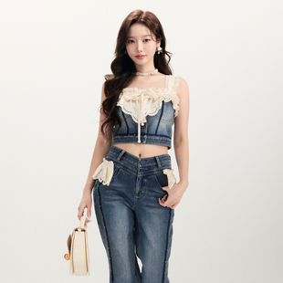 lefame拉飞姆2026春季新款时尚马德拉刺绣牛仔拼接吊带上衣女外穿