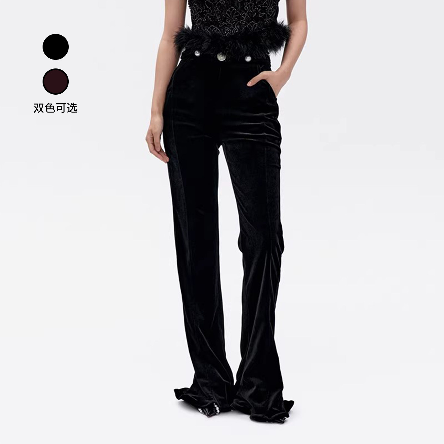 lefame拉飞姆冬季修身蝴蝶结丝绒微喇喇叭长裤休闲裤女显瘦高级感,女装/女士精品,休闲裤,淘宝优惠券,粉丝福利购,淘宝优惠卷