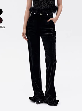 lefame拉飞姆冬季修身蝴蝶结丝绒微喇喇叭长裤休闲裤女显瘦高级感