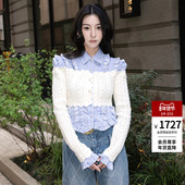 lefame拉飞姆针织学院风蓝色假两件梭织拼接衬衫 明星同款 春女