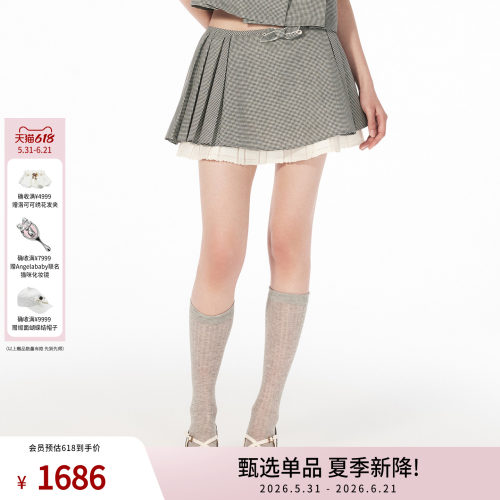 lefame拉飞姆2026夏季新款时尚蝴蝶结千鸟格半裙A字百褶短裙女