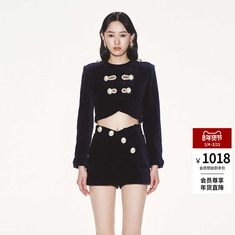 【明星同款】lefame拉飞姆海风气质珍珠盘扣藏蓝色丝绒短外套,女装/女士精品,短外套,淘宝优惠券,粉丝福利购,淘宝优惠卷