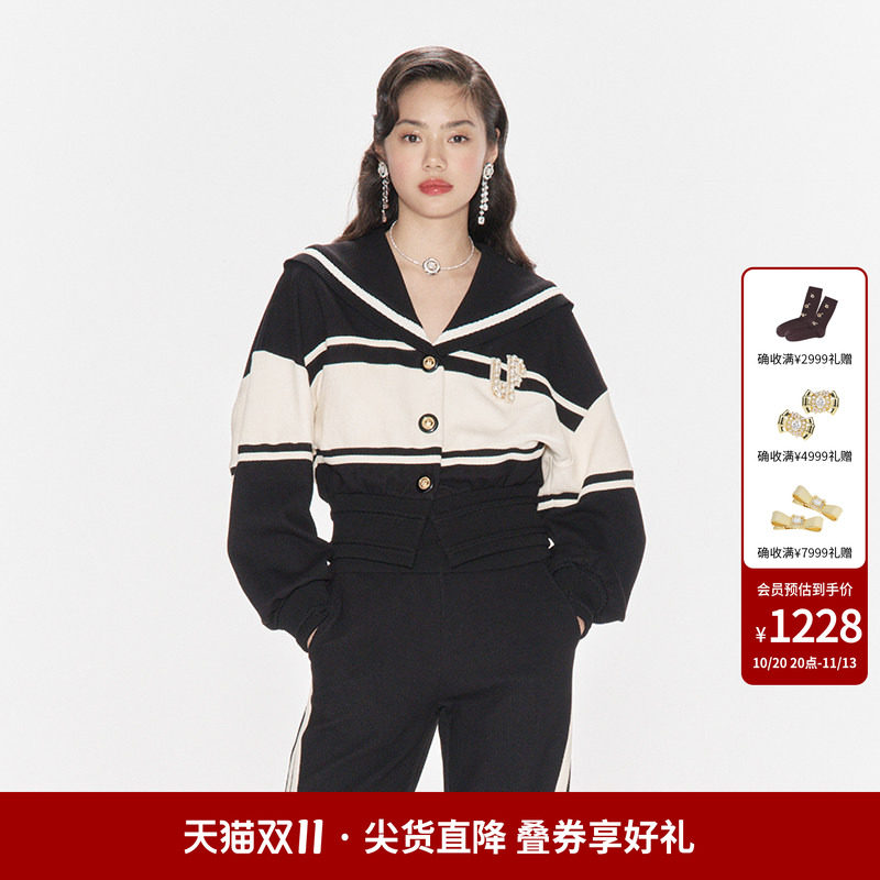 lefame拉飞姆早秋条纹长袖针织开衫梭织外套女上衣
