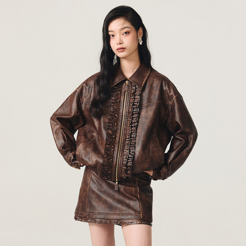 lefame拉飞姆早秋新款PU皮衣外套短皮夹克机车上衣女服装