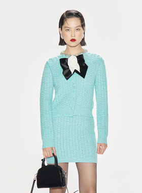 lefame拉飞姆秋季复古湖蓝色缎带蝴蝶结针织开衫