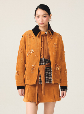 lefame拉飞姆2025冬季新款姜黄色撞色领灯蕊绒外套夹克上衣女