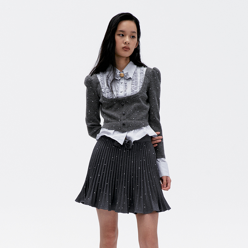 梭织拼接烫钻灰蓝色衬衫上衣