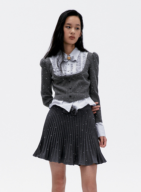 lefame拉飞姆冬季设计感针梭织拼接烫钻灰蓝色针织外套女上衣