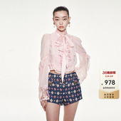 lefame拉飞姆雪纺打揽高饱和粉色飘带上衣 明星同款