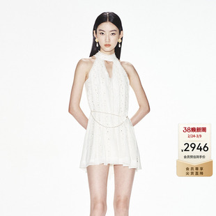 lefame拉飞姆夏季修身短款无袖裙华丽雪纺V领露肤连衣裙女