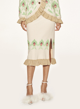 lefame拉飞姆贵气古典宫廷提花杏色针织长半裙