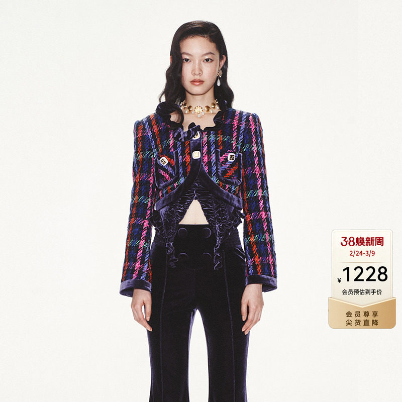 lefame拉飞姆秋冬修身拼色荷叶边大U领紫格短款女士外套 - lefame旗舰店出品