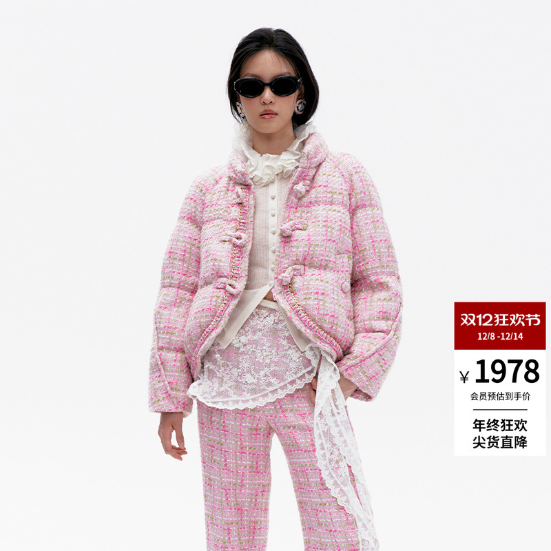 lefame拉飞姆冬季粉彩粗花呢面包羽绒服外套女设计感