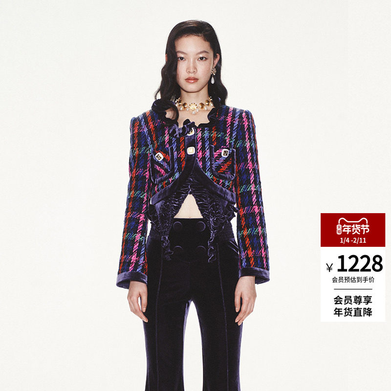 lefame拉飞姆秋冬修身拼色荷叶边大U领紫格短款女士外套,女装/女士精品,短外套,淘宝优惠券,粉丝福利购,淘宝优惠卷