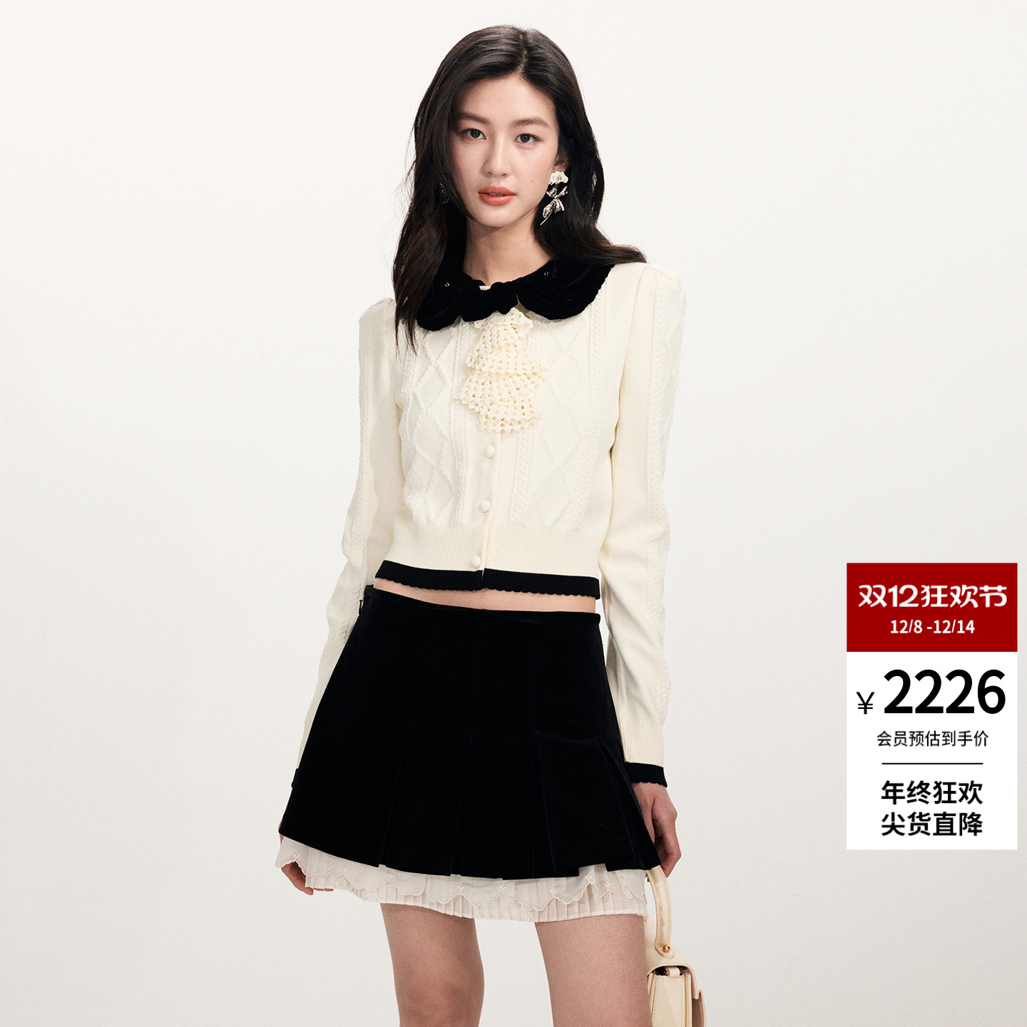 lefame拉飞姆2026早春新品时尚丝绒娃娃领蝴蝶结撞色针织外套上衣