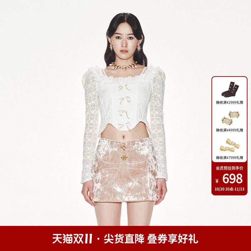 lefame拉飞姆米白雪尼尔蕾丝女性化打底上衣