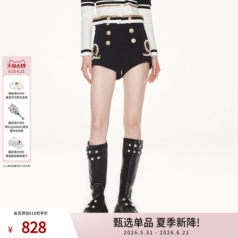 lefame拉飞姆珍珠链条装饰黑色小A型斜纹短裤