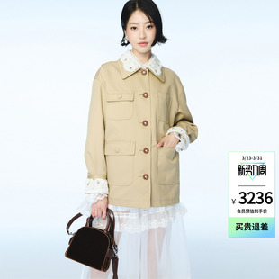 lefame拉飞姆春季 蕾丝领风衣韩系卡其娃娃领外套女上衣 新款