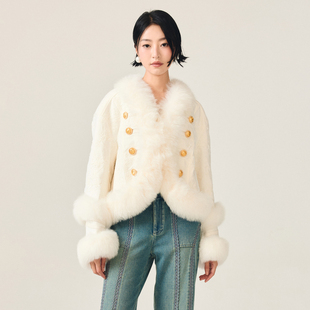 落肩外套 lefame拉飞姆重工约依绣花狐狸毛短款 徐若晗同款