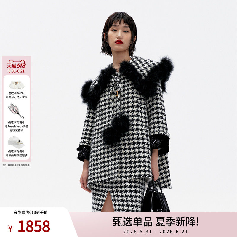 lefame拉飞姆千鸟格云肩中长外套大翻领呢大衣女