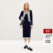 lefame拉飞姆2026春季 藏蓝色珍珠打揽花边装 饰针织背心裙