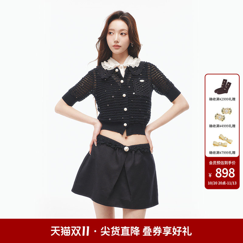 lefame拉飞姆时尚钉珠镂空拼接甜美针织开衫短袖女T恤
