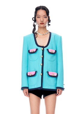 lefame拉飞姆复古水蓝色粗斜纹花呢料撞色长外套