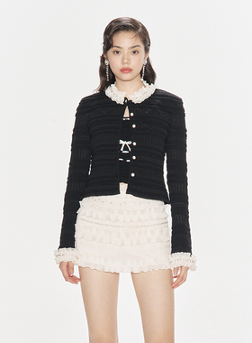 lefame拉飞姆秋季浪漫层叠荷叶黑色针织开衫上衣