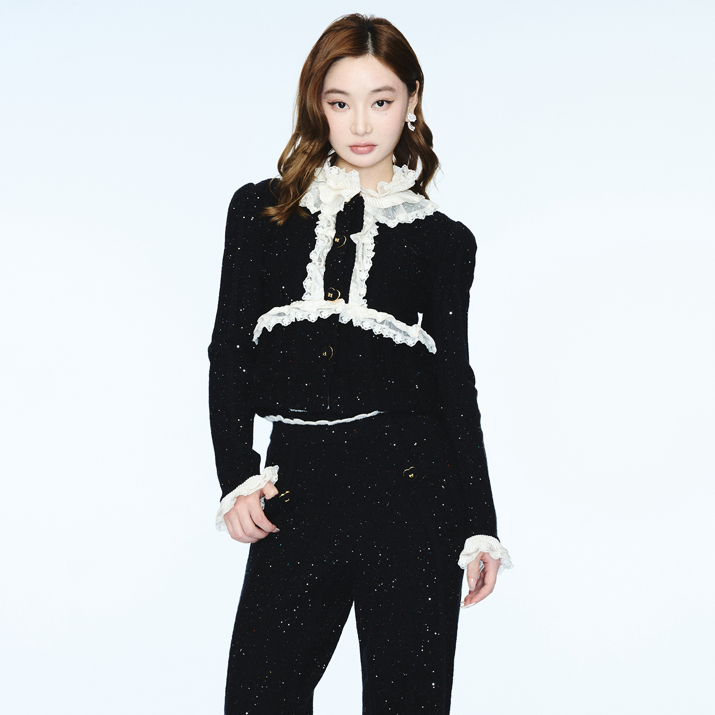 lefame拉飞姆2025秋冬新款时尚甜美优雅修身撞色拼接针织上衣女