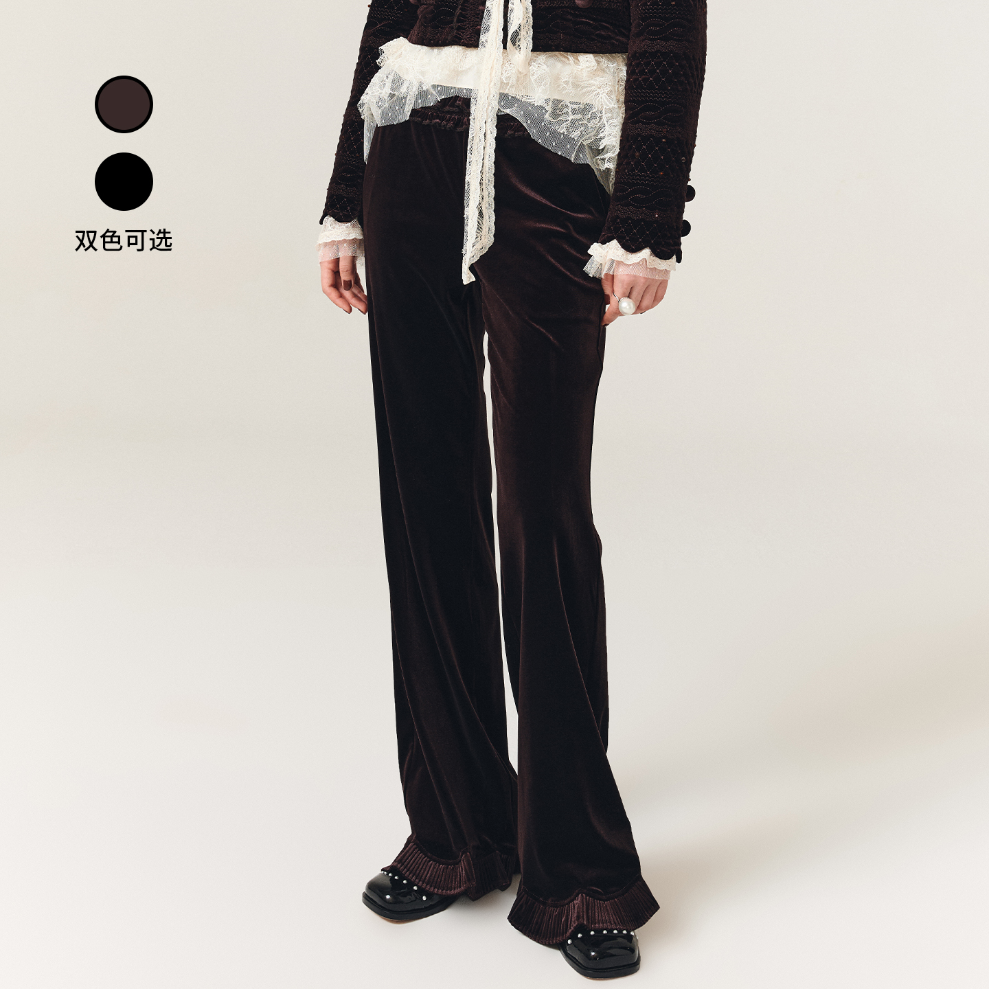 lefame拉飞姆2025冬季新款摩登廓形打揽荷叶边丝绒微喇休闲长裤女