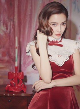 【Angelababy同款】lefame拉飞姆春季洛可可宫廷风丝绒红色连衣裙