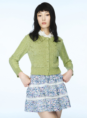 lefame拉飞姆2025秋冬新款时尚绿色植物系花式纱长袖针织开衫上衣