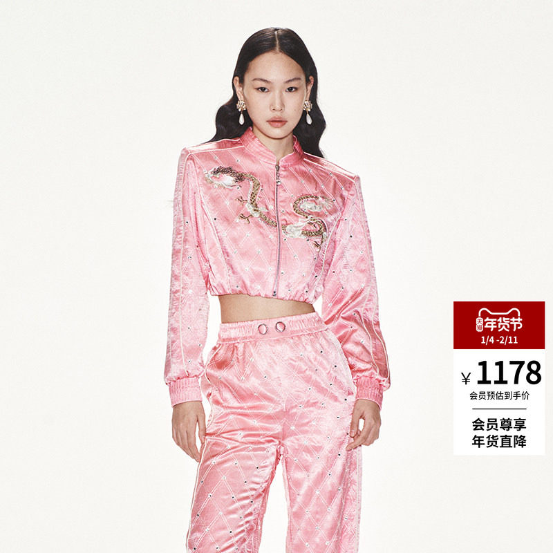 lefame拉飞姆龙刺绣菱形格烫钻缎面棒球外套,女装/女士精品,短外套,淘宝优惠券,粉丝福利购,淘宝优惠卷