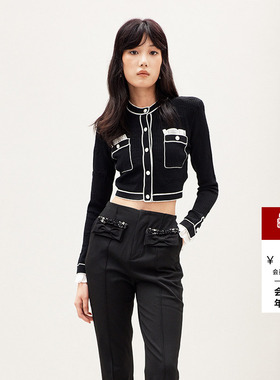 lefame拉飞姆2025秋冬小香风千金黑白长袖针织衫外套女上衣短外套