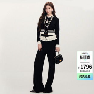 子女 休闲喇叭裤 lefame拉飞姆2026早春新款 蕾丝洛可可饰边针织长裤