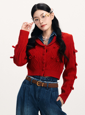 【马思纯同款】lefame拉飞姆春季新款红色牛仔拼接针织毛衣外套女