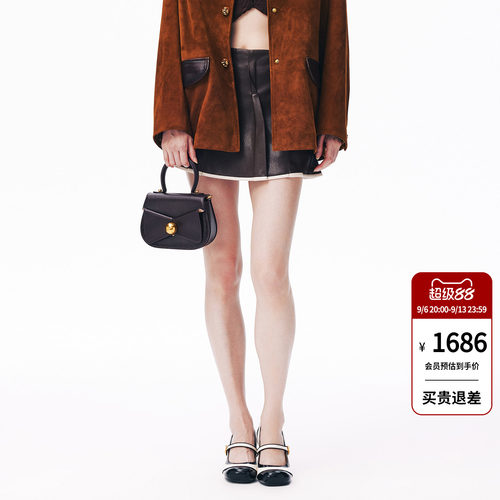 lefame拉飞姆2026秋季新款时尚棕色金属花朵腰带PU皮半身裙短裙女