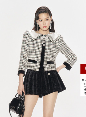 lefame拉飞姆秋季复古摩登蝴蝶结钻饰黑白格短外套