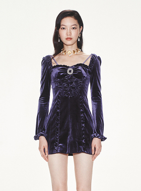 lefame拉飞姆紫色丝绒蝴蝶结装饰收腰连衣裙