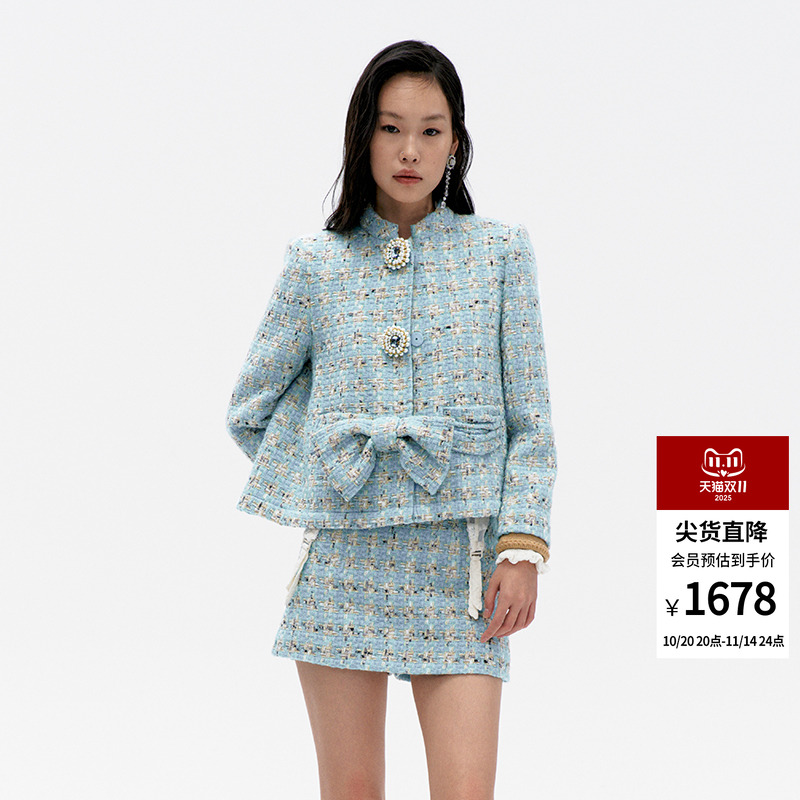 lefame拉飞姆冬季蓝白格金绞花拼接蝴蝶结粗花呢外套