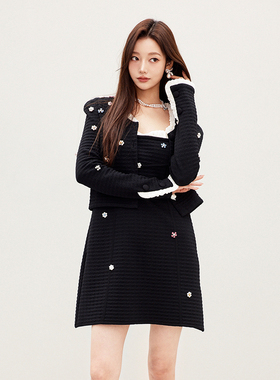 【明星同款】lefame拉飞姆2026春季黑色花朵钉珠针织连衣裙