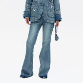 长裤 盘扣V型牛仔喇叭裤 lefame拉飞姆中式 子女 明星同款