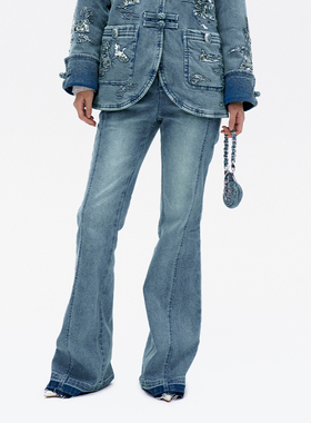 【明星同款】lefame拉飞姆中式盘扣V型牛仔喇叭裤长裤子女