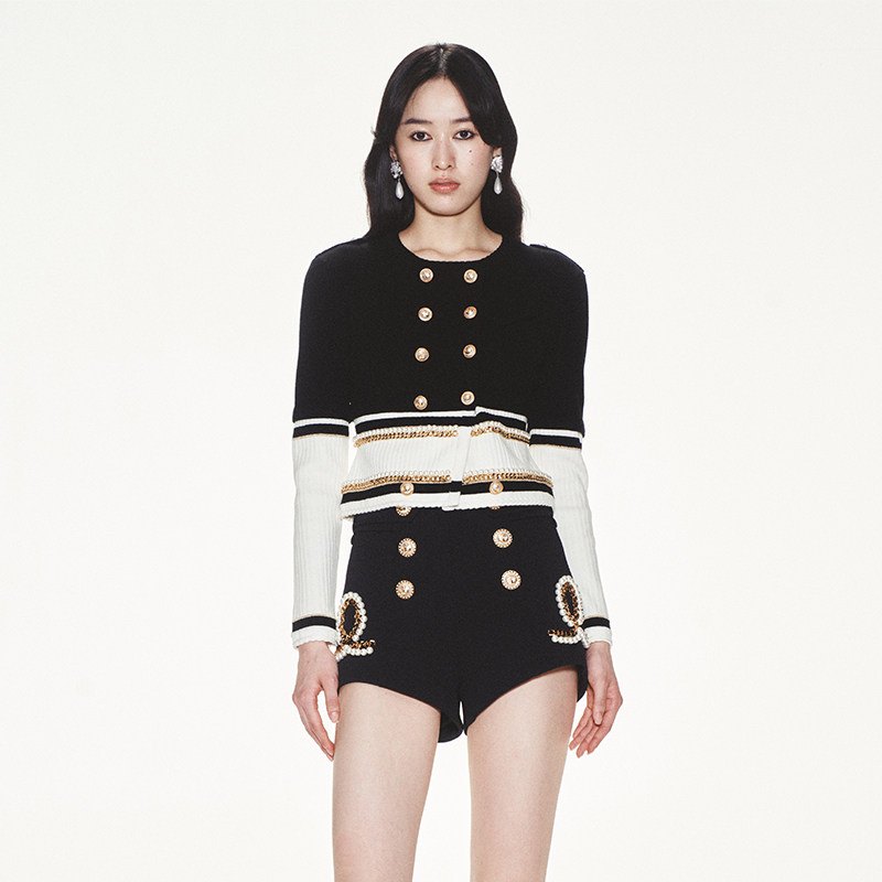 lefame拉飞姆轻奢小香风黑白针织上衣开衫毛衣女