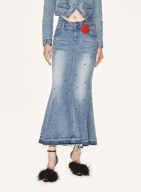 【明星同款】lefame拉飞姆红色玫瑰花装饰铆钉牛仔鱼尾半裙