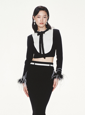 lefame拉飞姆U型烫钻装饰黑白摩登针织开衫